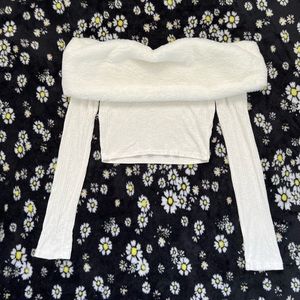 fluffy off the shoulder cream/white long sleeve crop top
